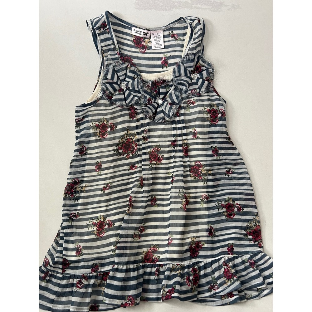 Girl Striped Floral Ruffle Sleeveless Feminine Summer TankTop Blouse Top M 10/12